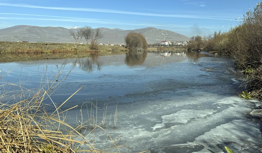 Soğuk hava nedeniyle Kura Nehri'nin yüzeyi buz tuttu